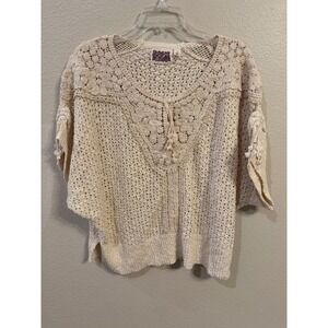 Rosie Neira Cream Crochet Knit Lace Floral Boho Top Medium Womens Ivory Sweater